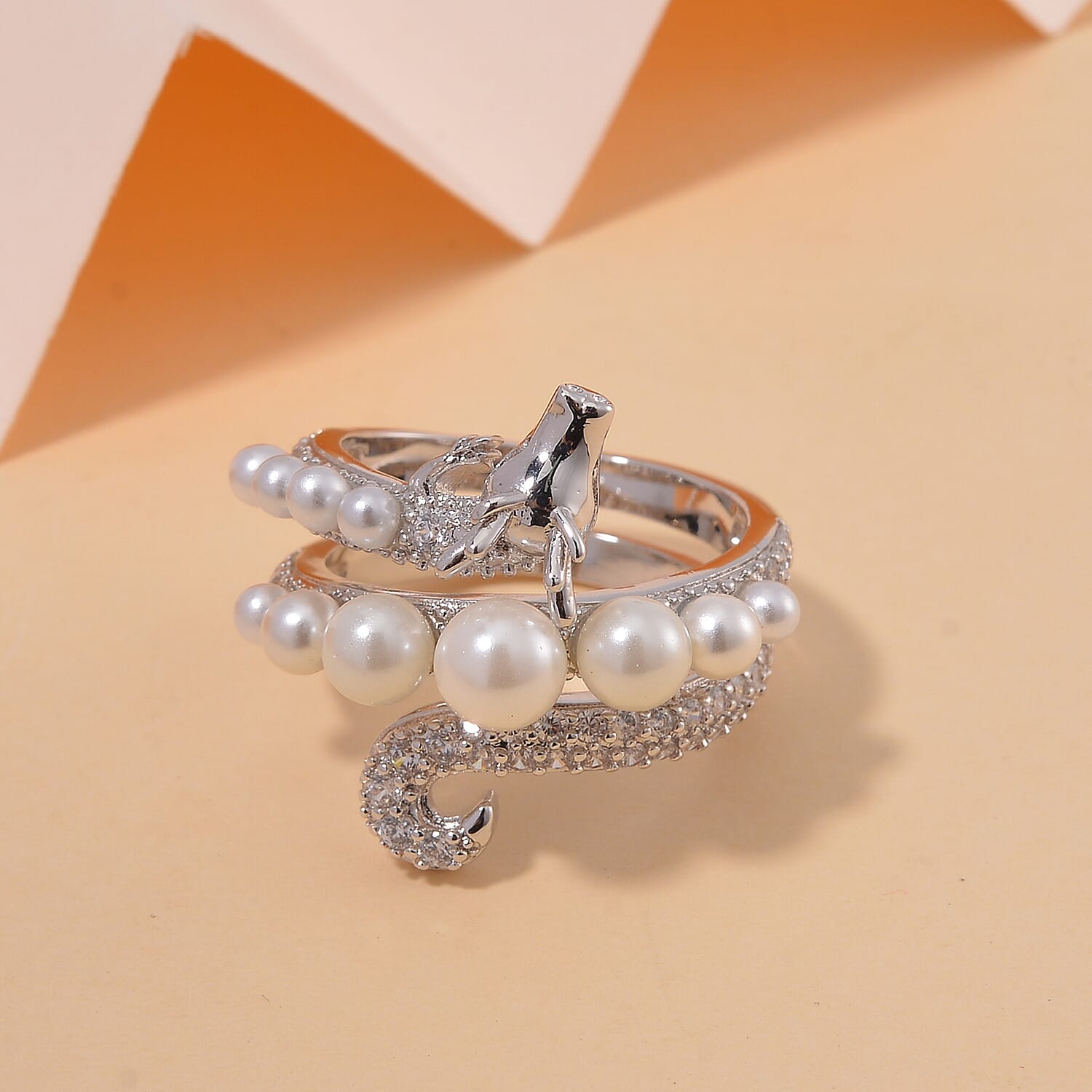 White Shell Pearl and Simulated Diamond 1.25 ctw Dragon Ring in Silvertone (Size 10.0)