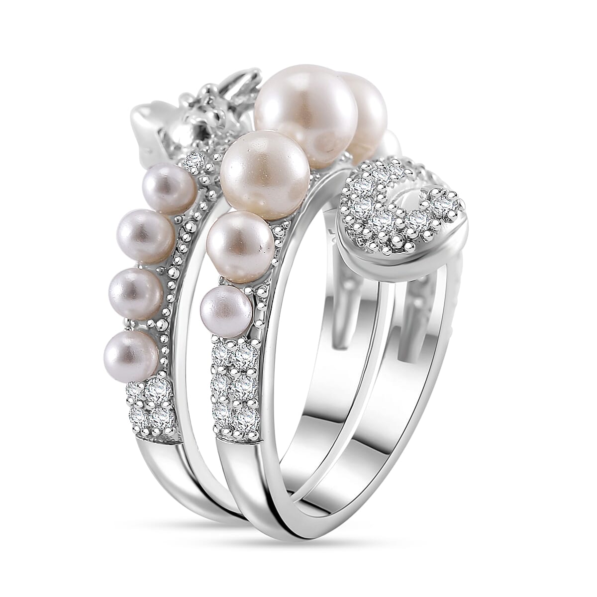 White Shell Pearl and Simulated Diamond 1.25 ctw Dragon Ring in Silvertone (Size 10.0)