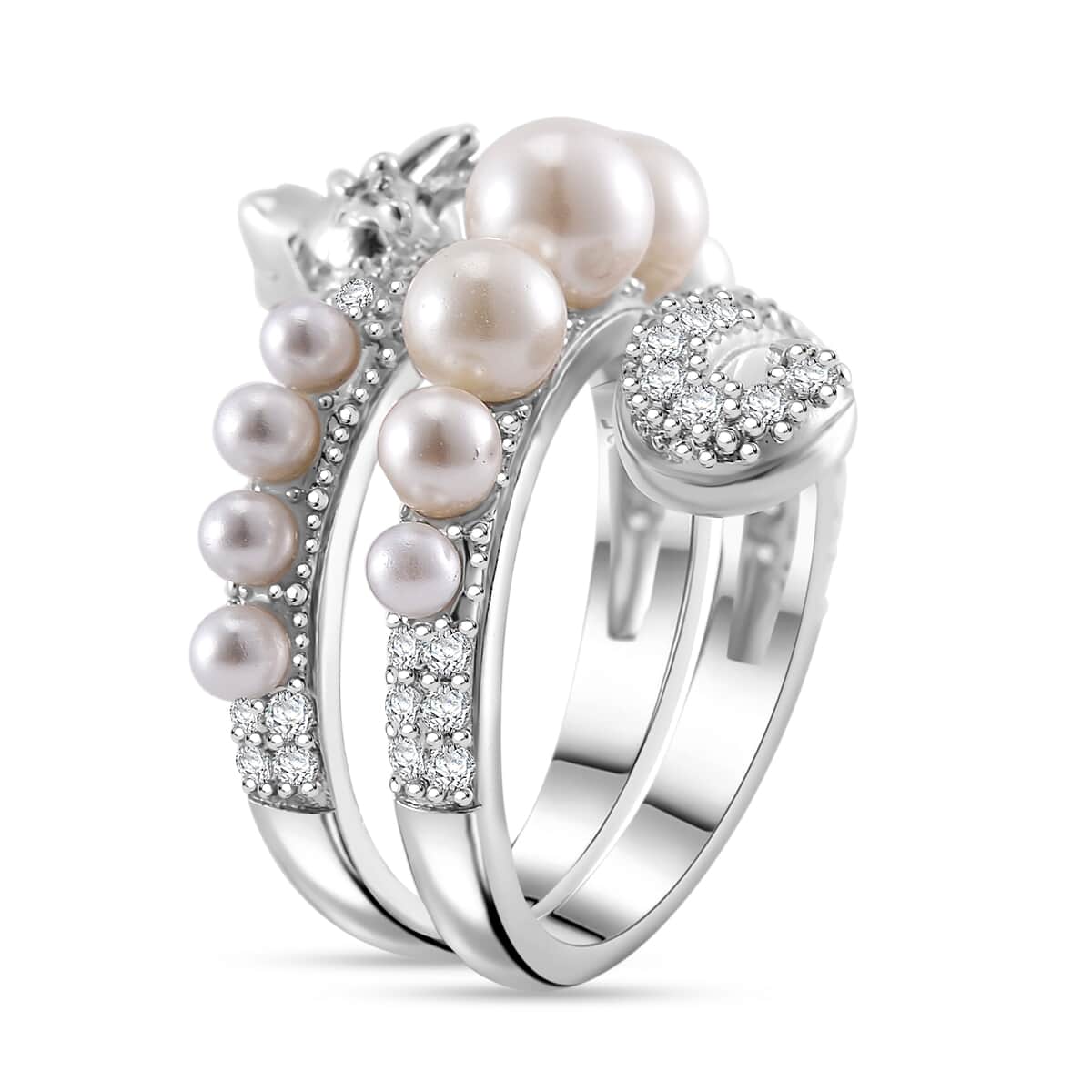 White Shell Pearl and Simulated Diamond 1.25 ctw Dragon Ring in Silvertone image number 3