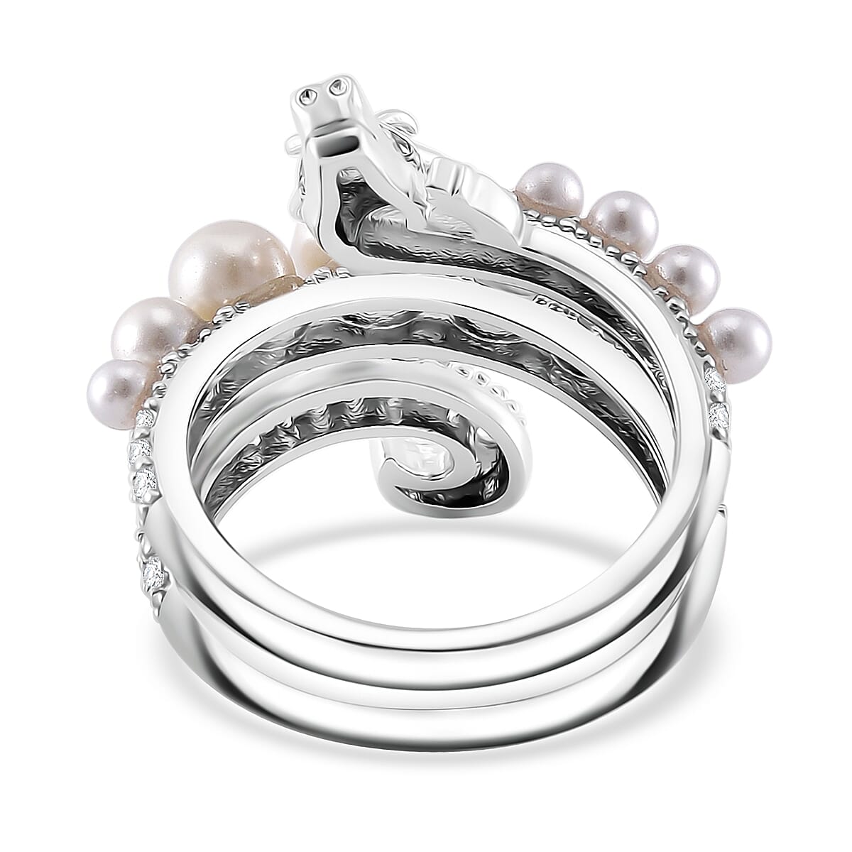 White Shell Pearl and Simulated Diamond 1.25 ctw Dragon Ring in Silvertone (Size 10.0)