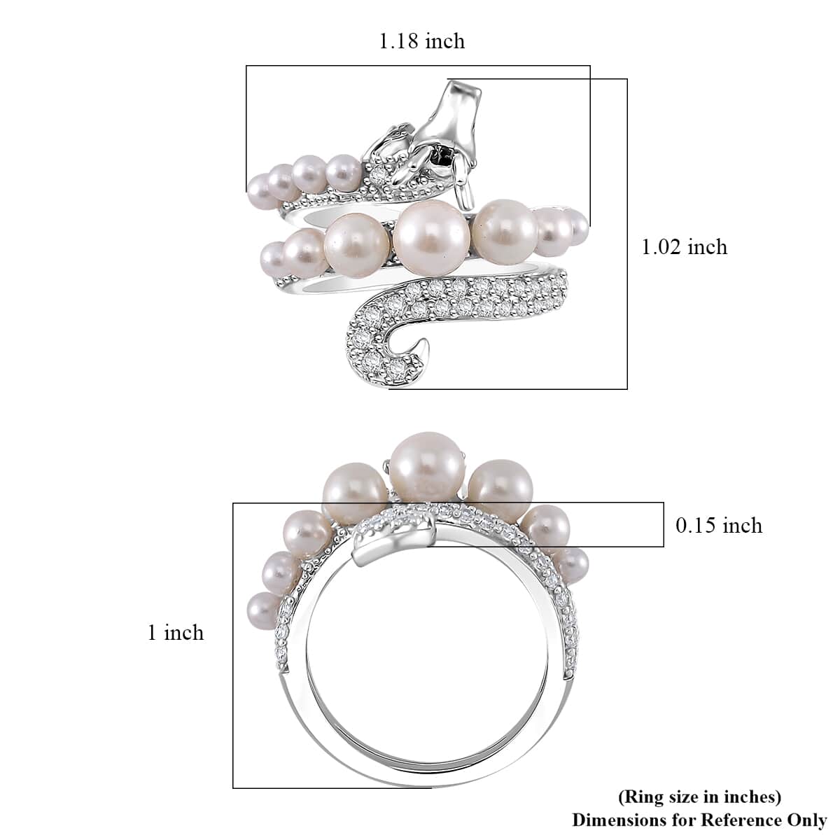 White Shell Pearl and Simulated Diamond 1.25 ctw Dragon Ring in Silvertone image number 5