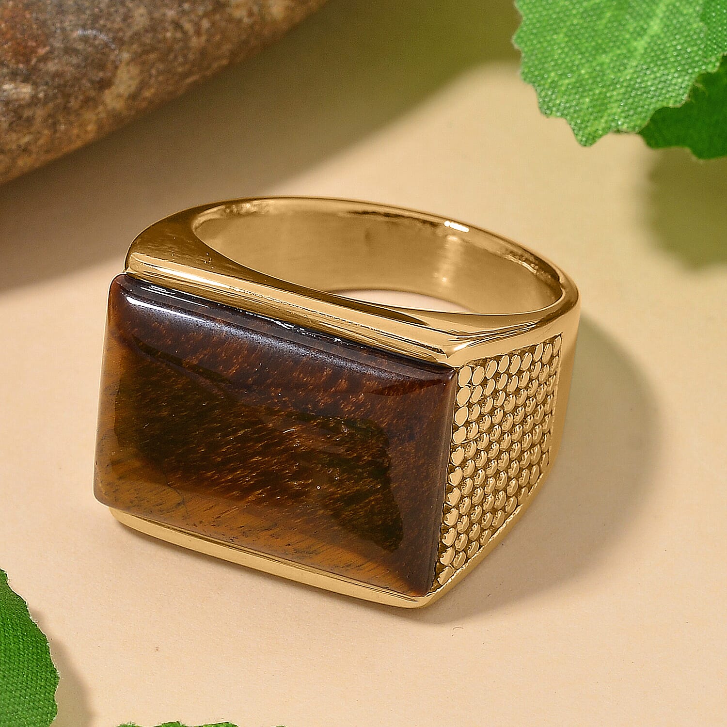 Yellow Tigers Eye 5.00 ctw Men's Ring in ION Plated YG Stainless Steel (Size 10.0) 