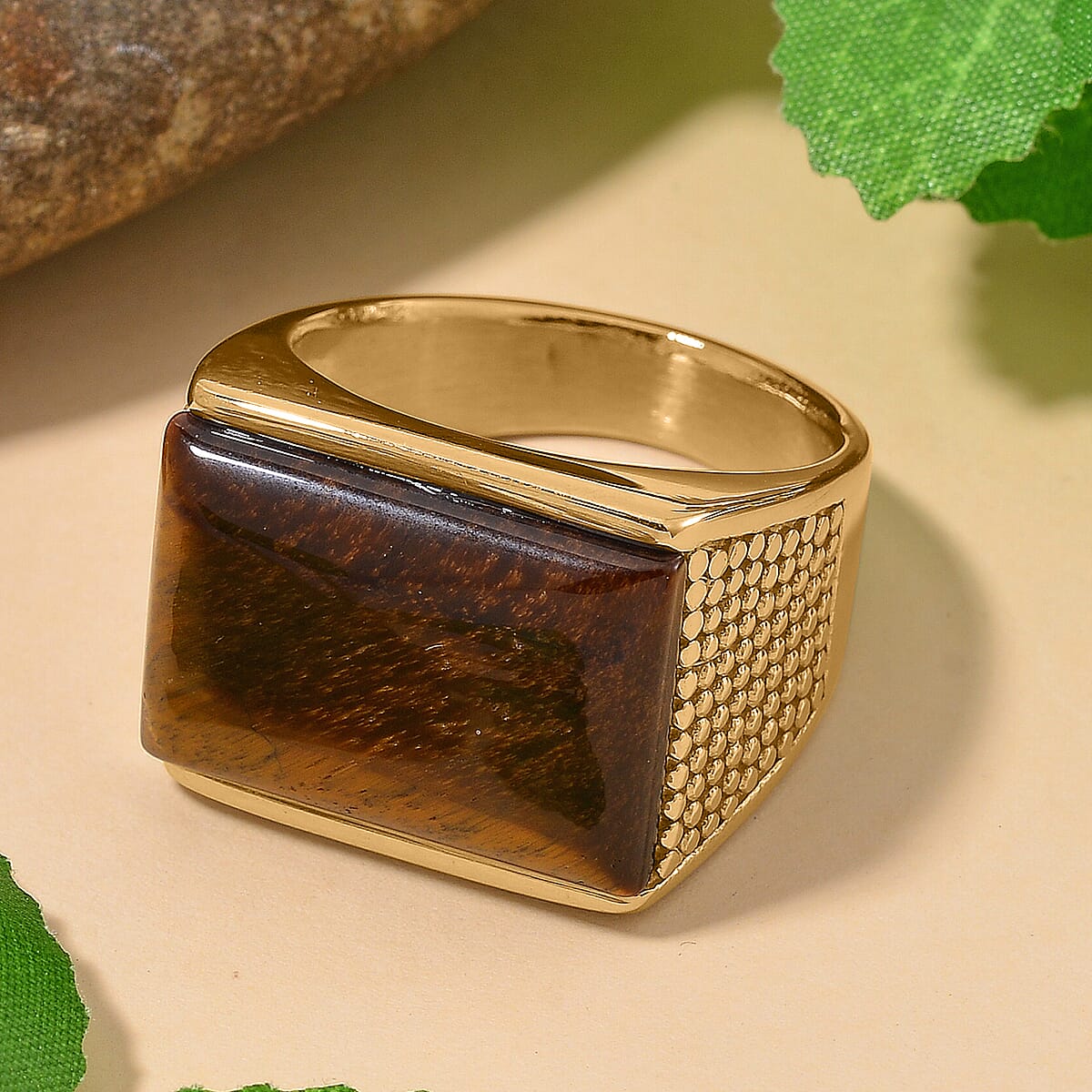 Yellow Tigers Eye 5.00 ctw Men's Ring in ION Plated YG Stainless Steel (Size 12.0)  image number 1