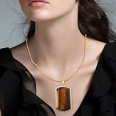 Yellow Tigers Eye 12.00 ctw Necklace 22-24 Inches in Stainless Steel