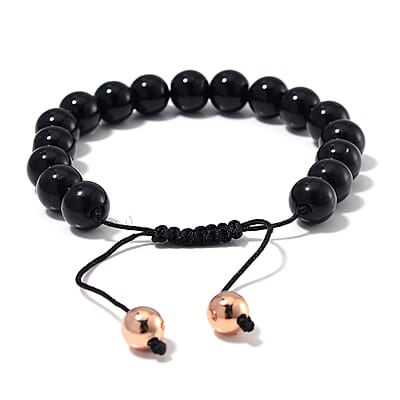 Black Obsidian Beaded Corded Adjustable Bracelet in 14K RG Over Copper (6.50-9.00In) 120.00 ctw