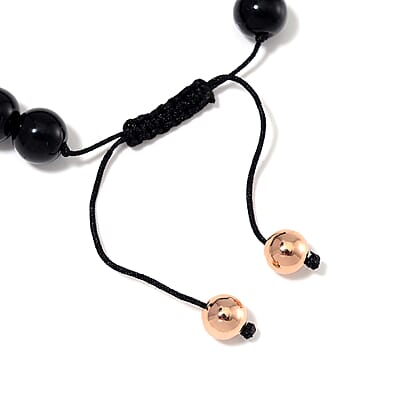 Black Obsidian Beaded Corded Adjustable Bracelet in 14K RG Over Copper (6.50-9.00In) 120.00 ctw