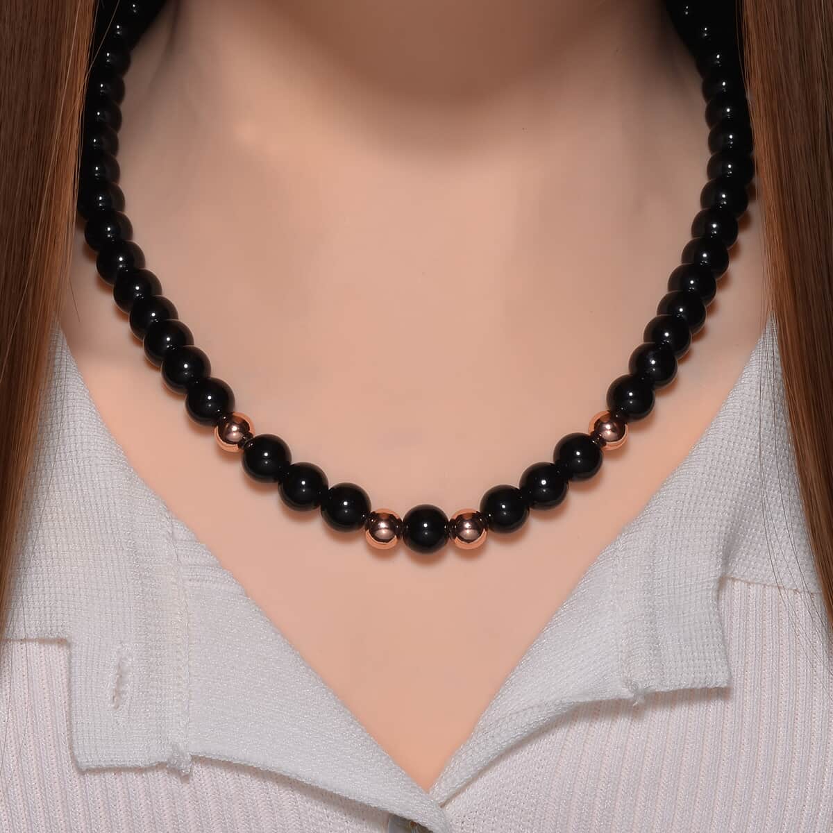 Black Obsidian Beaded Necklace 20 Inches in 14K RG Over Copper and Stainless Steel Lock 330.00 ctw image number 1