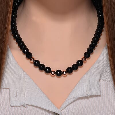 Black Obsidian Beaded Necklace 20 Inches in 14K RG Over Copper and Stainless Steel Lock 330.00 ctw
