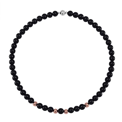 Black Obsidian Beaded Necklace 20 Inches in 14K RG Over Copper and Stainless Steel Lock 330.00 ctw