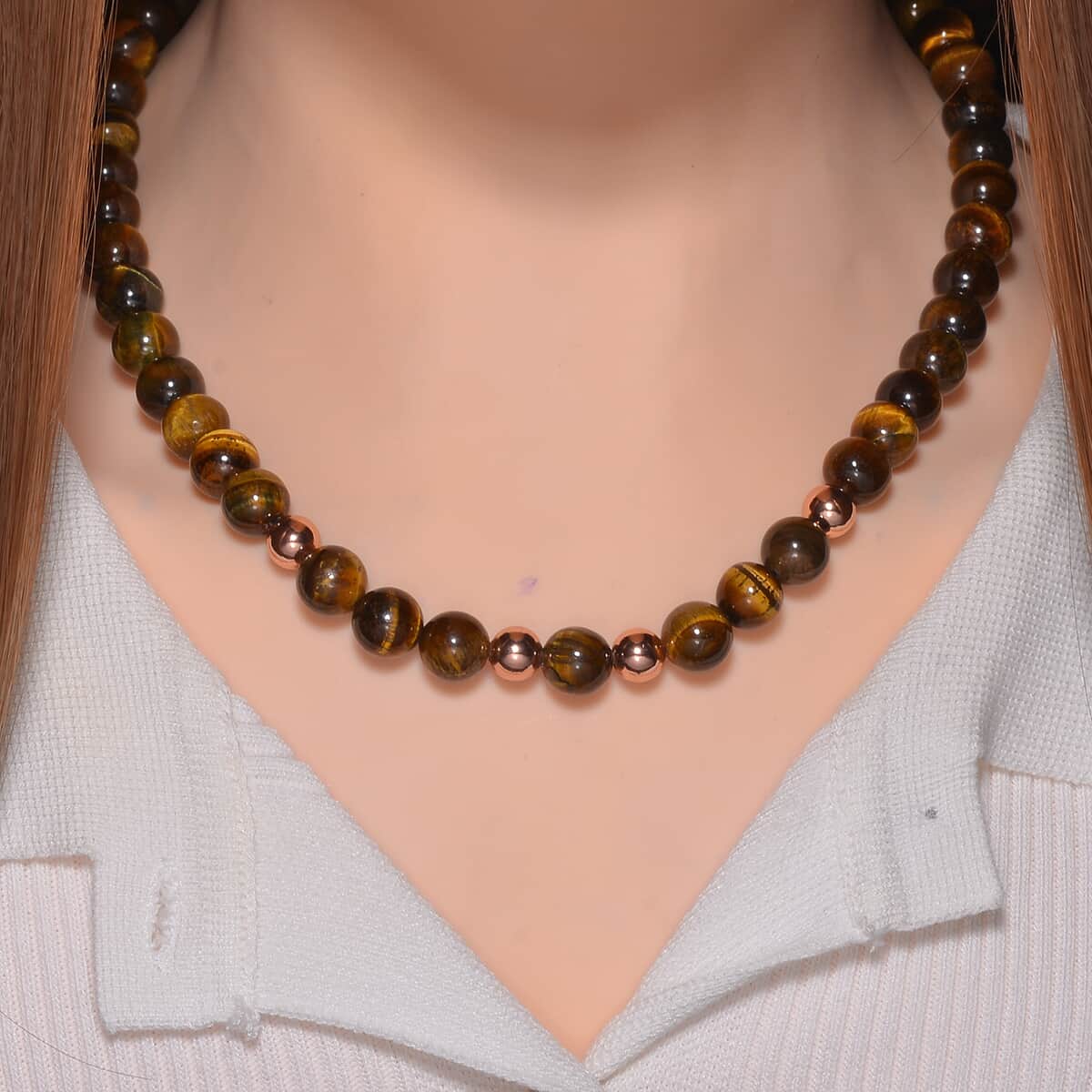 Tigers Yellow Eye Beaded Necklace 20 Inches in 14K RG Over Copper and Stainless Steel Lock 330.00 ctw image number 1