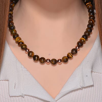 Tigers Yellow Eye Beaded Necklace 20 Inches in 14K RG Over Copper and Stainless Steel Lock 330.00 ctw