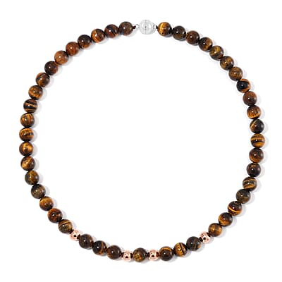 Tigers Yellow Eye Beaded Necklace 20 Inches in 14K RG Over Copper and Stainless Steel Lock 330.00 ctw