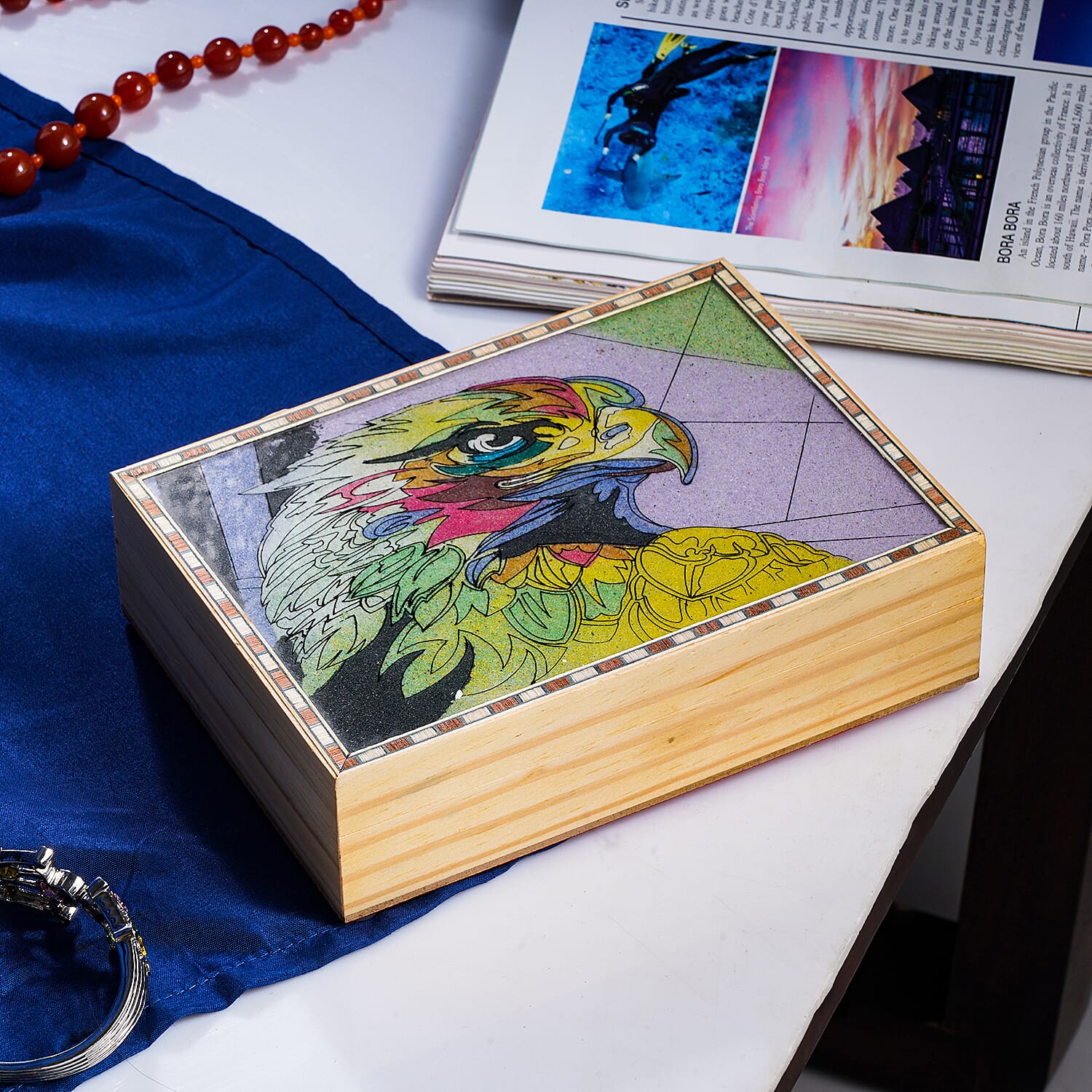 Multi Color Gemstone Eagle Painting Wooden Jewelry Box