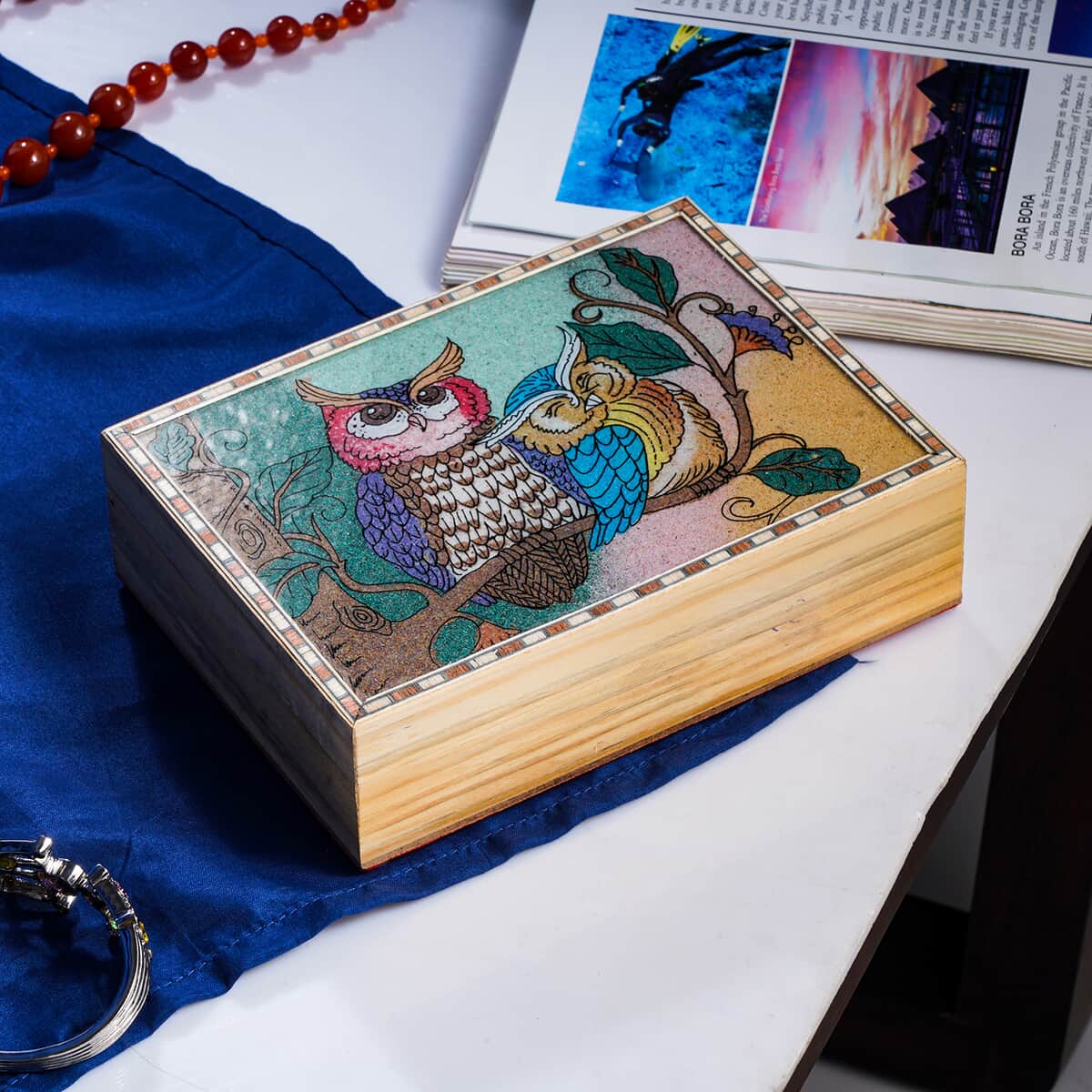 Multi Color Gemstone Owl Painting Wooden Jewelry Box image number 1