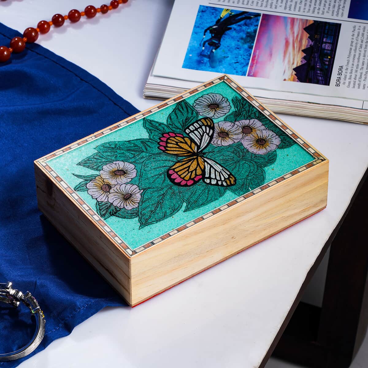Multi Color Gemstone Butterfly Painting Wooden Jewelry Box image number 1