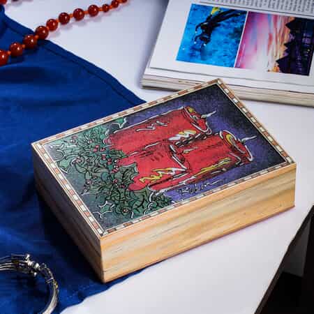 Multi Color Gemstone Christmas Holly and Candles Painting Wooden Jewelry Box image number 1