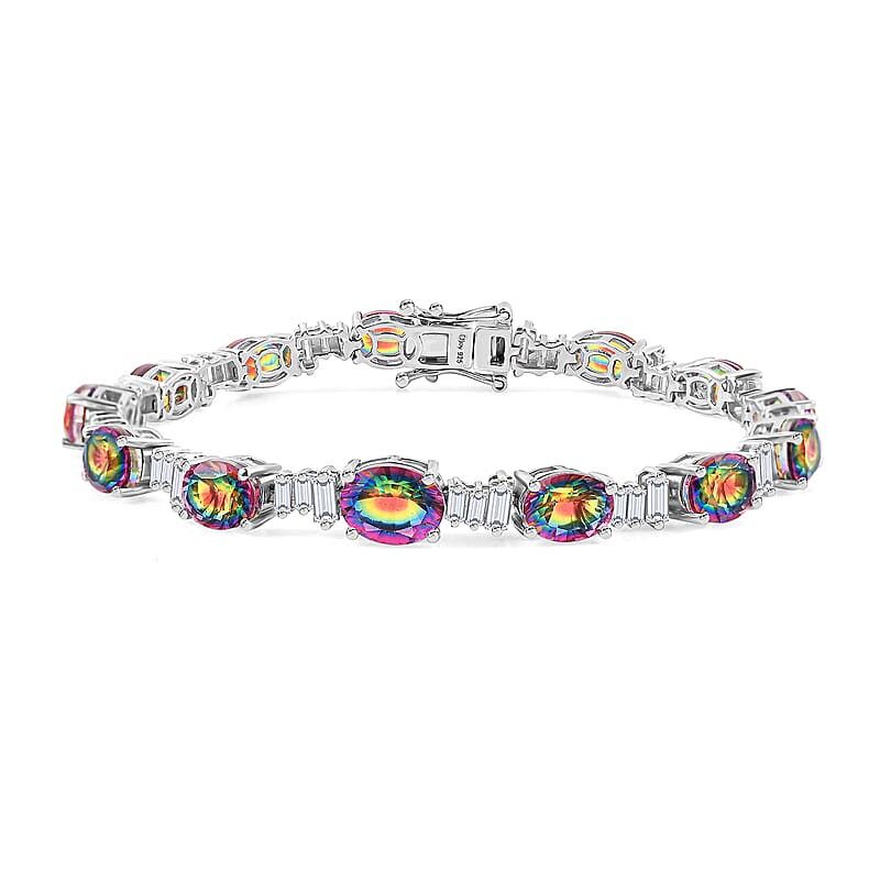 D'Joy Nebula Quartz Doublet and Moissanite 19.60 ctw Rainbow Magic Bracelet in Rhodium Over Sterling Silver (7.25 In)