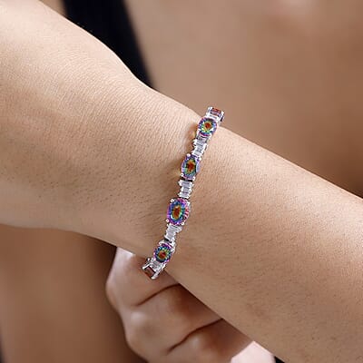 D'Joy Nebula Quartz Doublet and Moissanite 19.60 ctw Rainbow Magic Bracelet in Rhodium Over Sterling Silver (7.25 In)