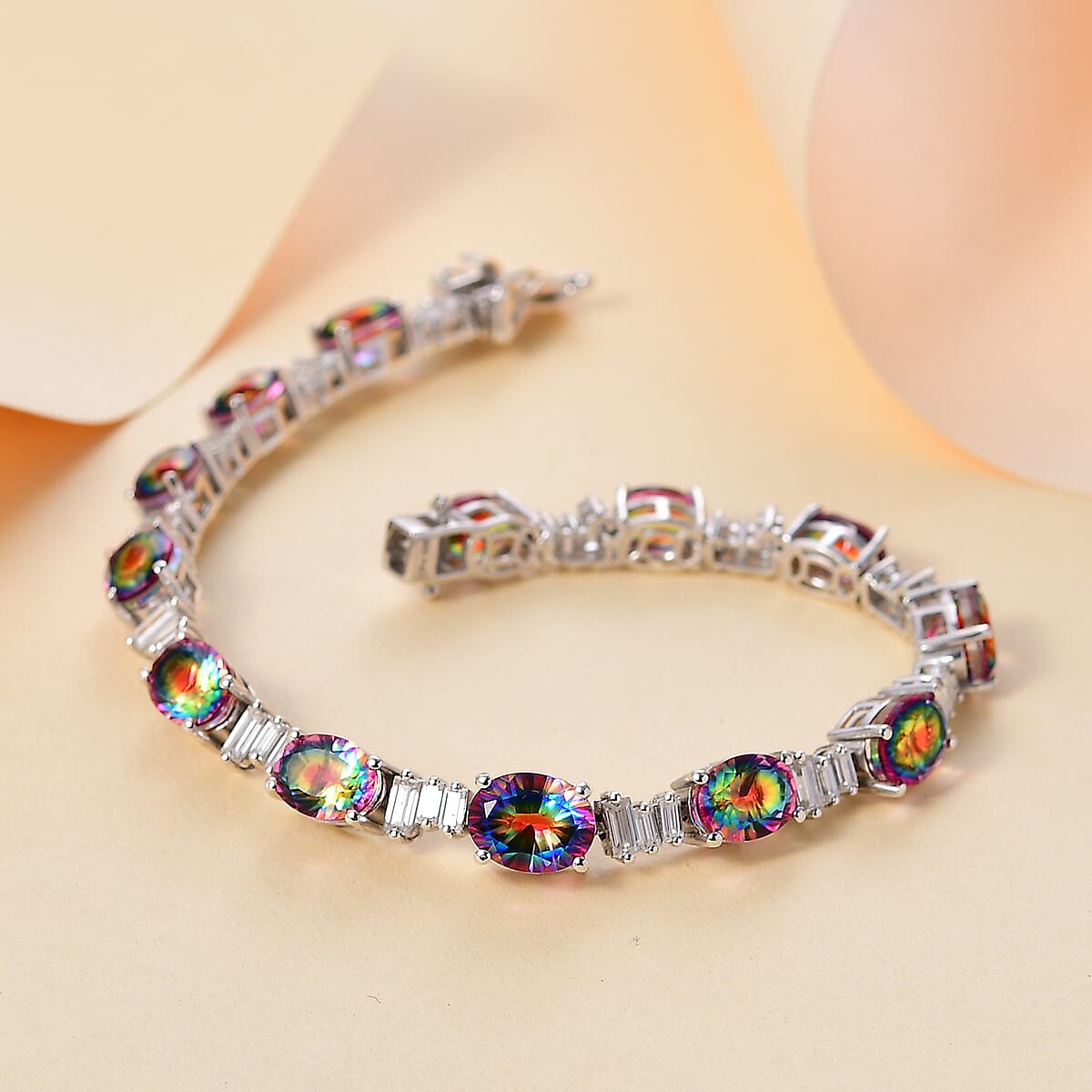 D'Joy Nebula Quartz Doublet and Moissanite 21.75 ctw Art Deco Bracelet in Rhodium Over Sterling Silver (8.00 In) image number 1