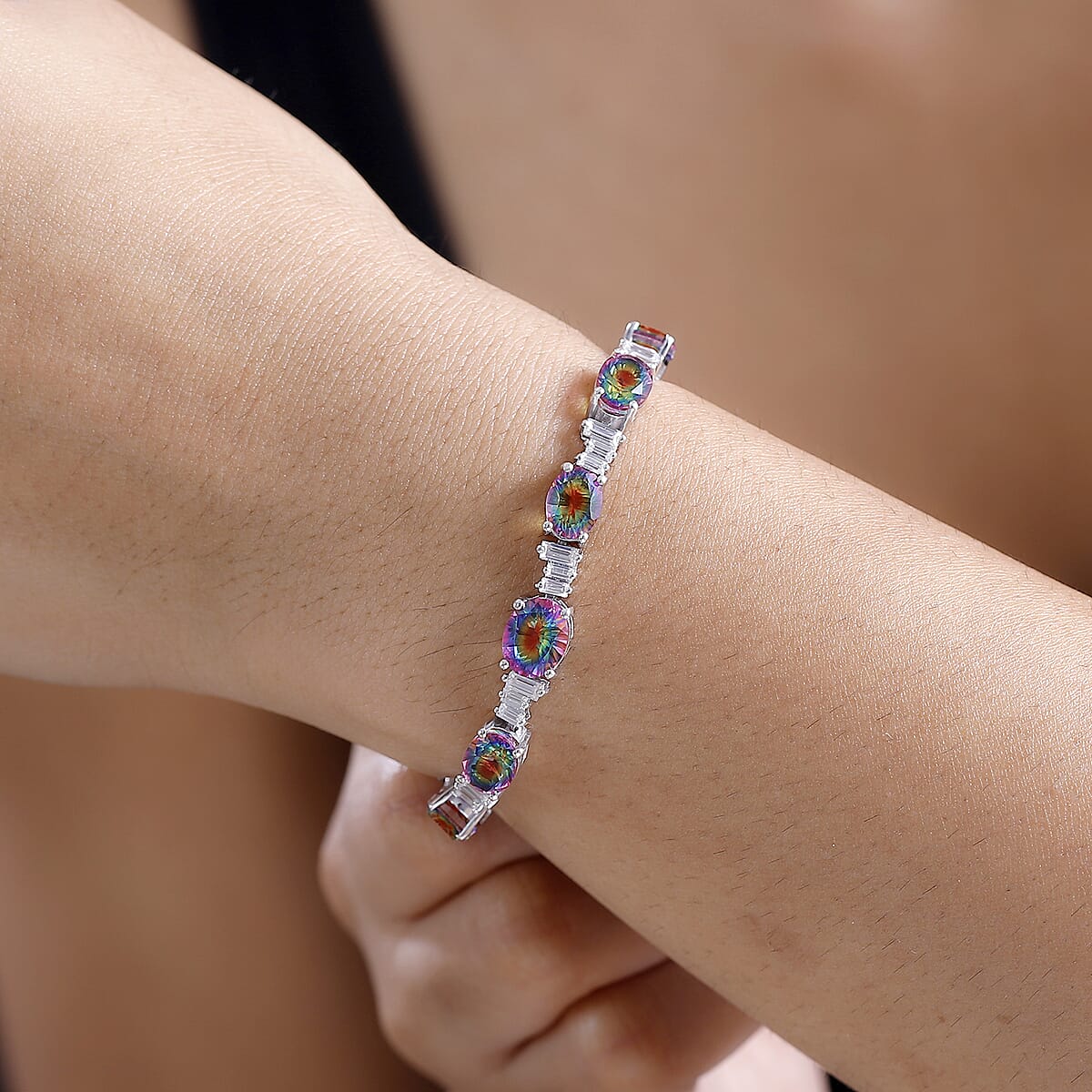 D'Joy Nebula Quartz Doublet and Moissanite 21.75 ctw Art Deco Bracelet in Rhodium Over Sterling Silver (8.00 In) image number 2