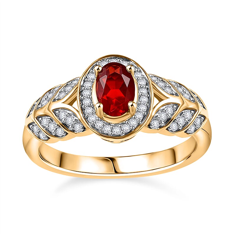 Mexican Cherry Fire Opal and Moissanite 0.55 ctw Leaf Halo Ring in 18K Vermeil Yellow Gold Over Sterling Silver (Size 10.0)