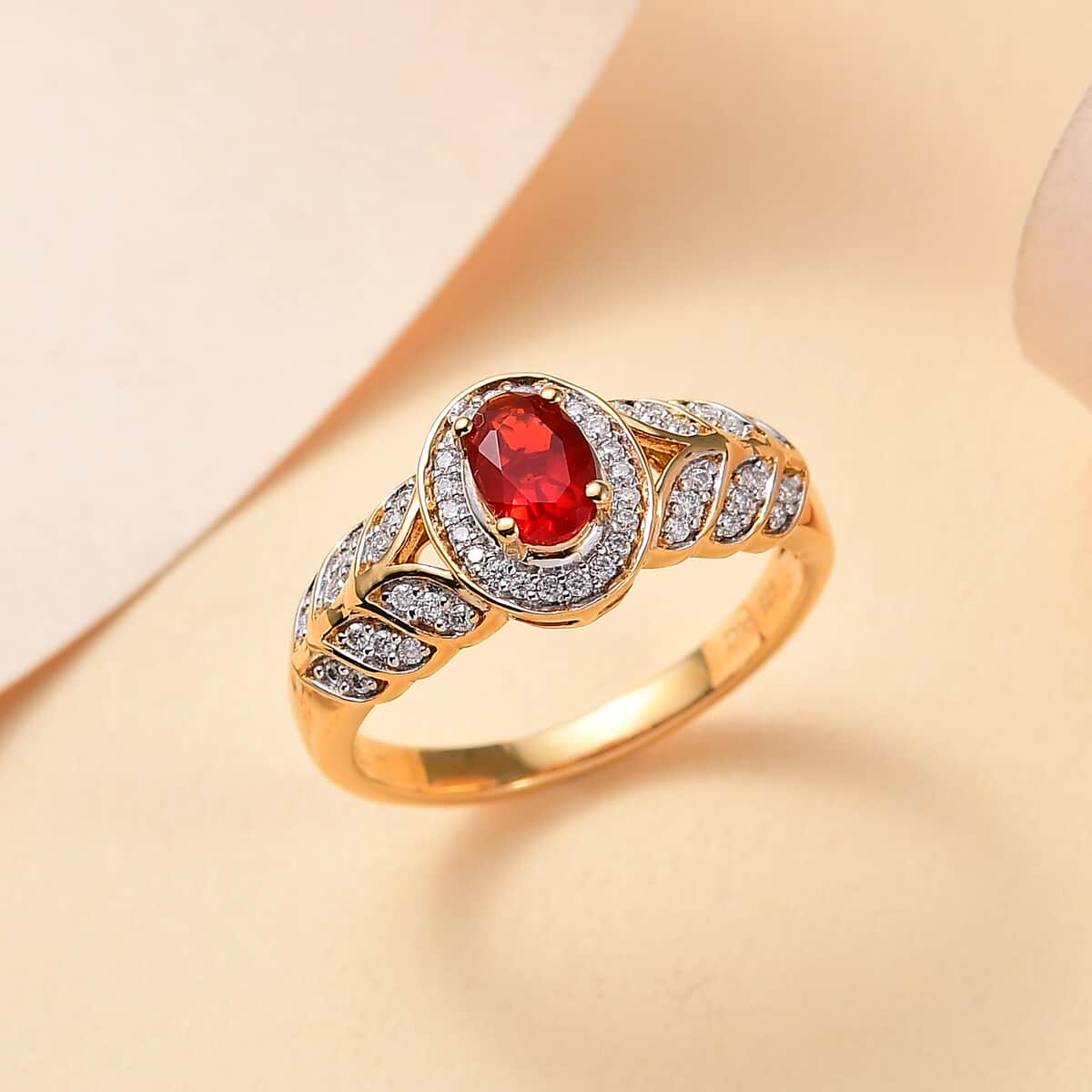 Mexican Cherry Fire Opal and Moissanite 0.55 ctw Ring in 18K Vermeil Yellow Gold Over Sterling Silver image number 1