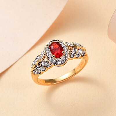 Mexican Cherry Fire Opal and Moissanite 0.55 ctw Leaf Halo Ring in 18K Vermeil Yellow Gold Over Sterling Silver (Size 10.0)