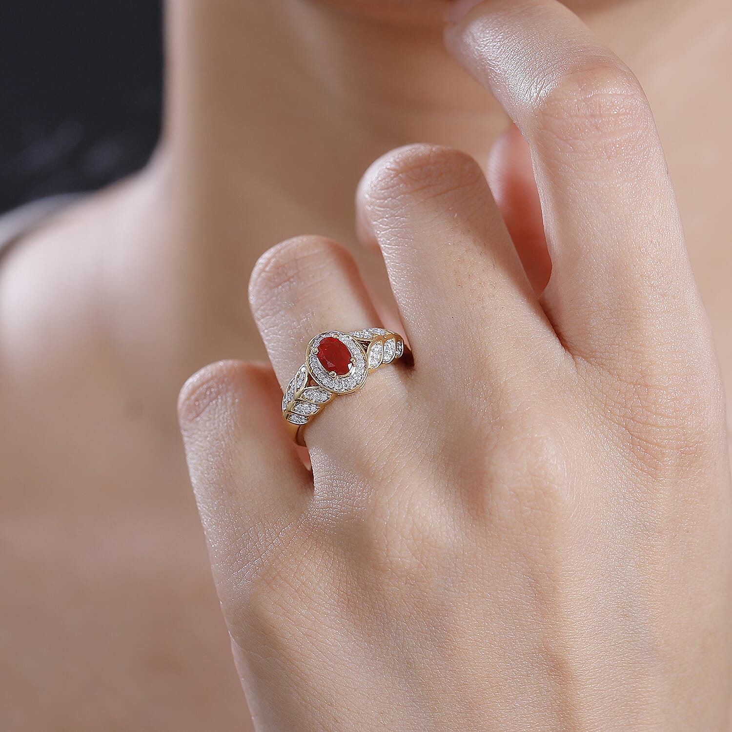 Mexican Cherry Fire Opal and Moissanite 0.55 ctw Leaf Halo Ring in 18K Vermeil Yellow Gold Over Sterling Silver (Size 10.0)