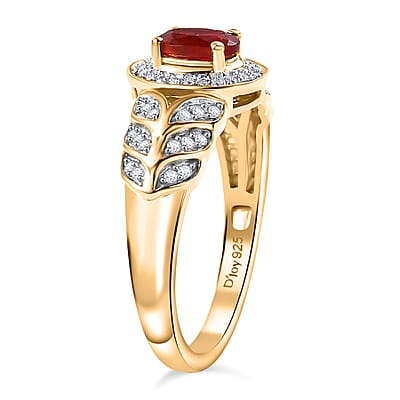 Mexican Cherry Fire Opal and Moissanite 0.55 ctw Leaf Halo Ring in 18K Vermeil Yellow Gold Over Sterling Silver (Size 10.0)