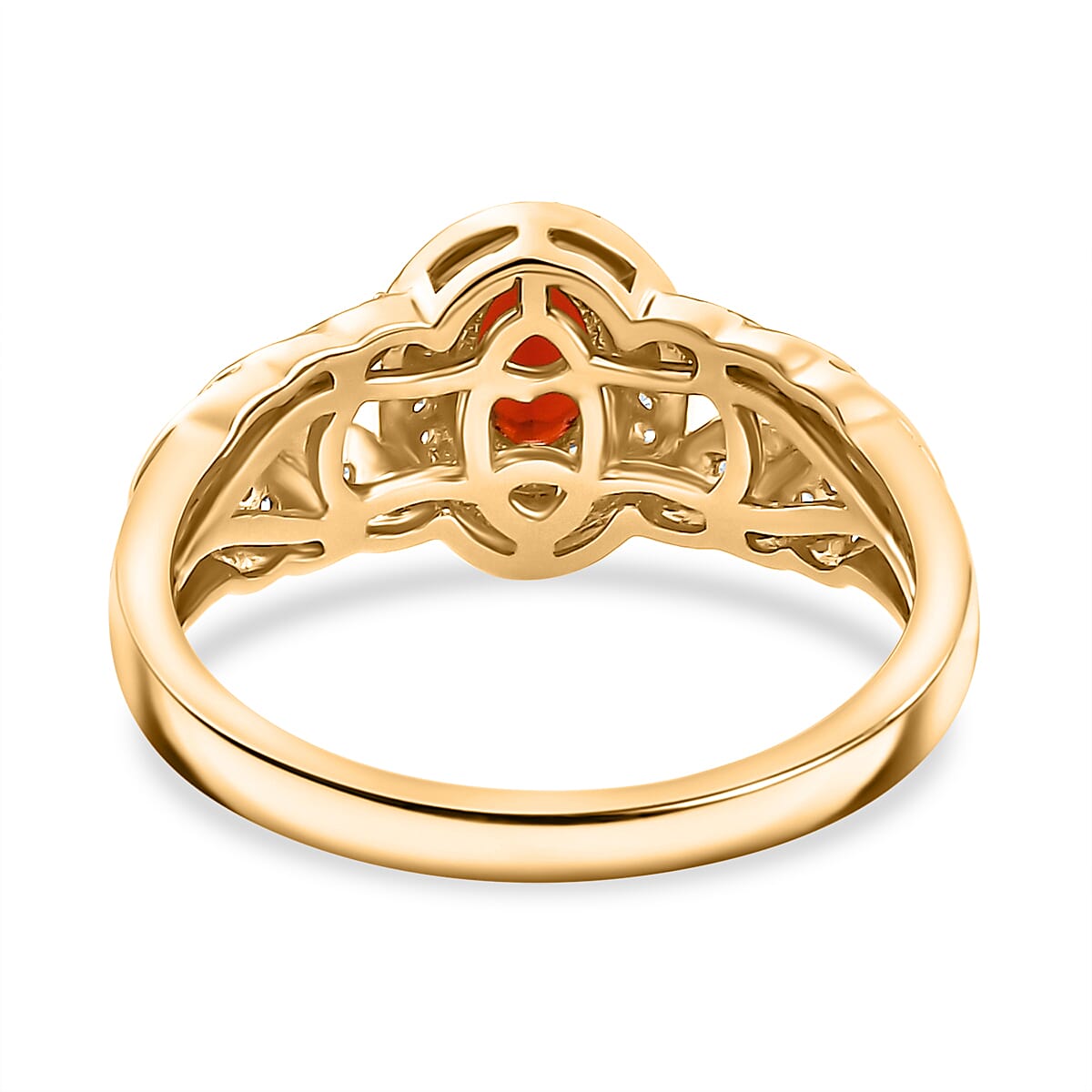 Mexican Cherry Fire Opal and Moissanite 0.55 ctw Leaf Halo Ring in 18K Vermeil Yellow Gold Over Sterling Silver (Size 10.0)
