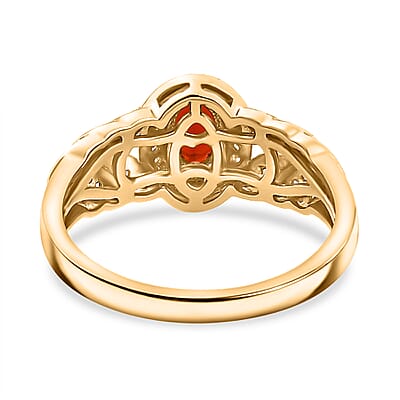Mexican Cherry Fire Opal and Moissanite 0.55 ctw Leaf Halo Ring in 18K Vermeil Yellow Gold Over Sterling Silver (Size 10.0)