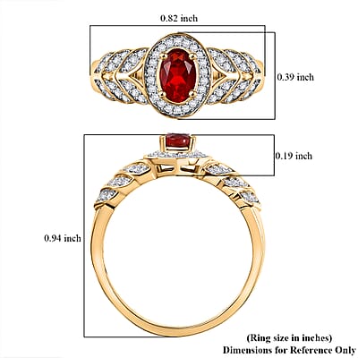 Mexican Cherry Fire Opal and Moissanite 0.55 ctw Leaf Halo Ring in 18K Vermeil Yellow Gold Over Sterling Silver (Size 10.0)