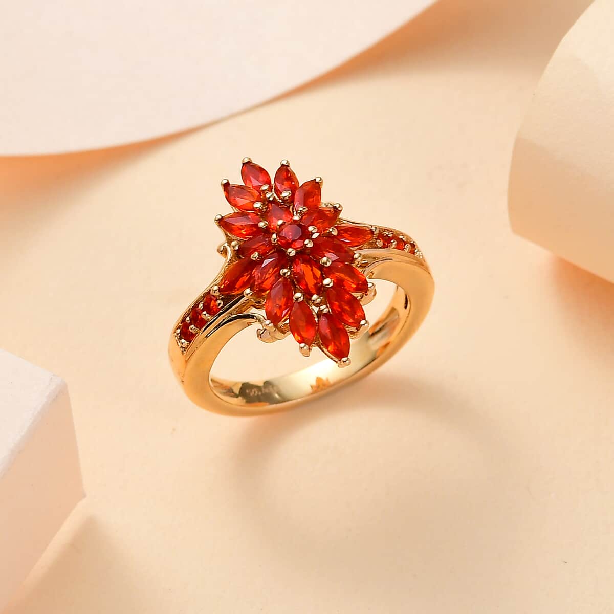 Mexican Cherry Fire Opal Flame Burst Ring in 18K Vermeil YG Over Sterling Silver (Size 10.0) 1.15 ctw image number 1