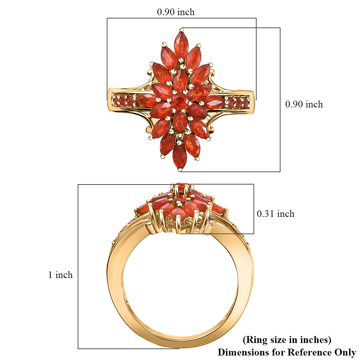 Mexican Cherry Fire Opal 1.15 ctw Flame Burst Ring in 18K Vermeil Yellow Gold Over Sterling Silver (Size 10.0)