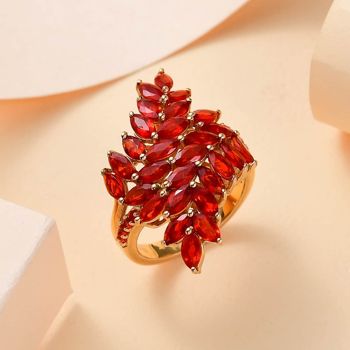 Mexican Cherry Fire Opal 2.65 ctw Bypass Fern Leaf Ring in 18K Vermeil Yellow Gold Over Sterling Silver image number 1