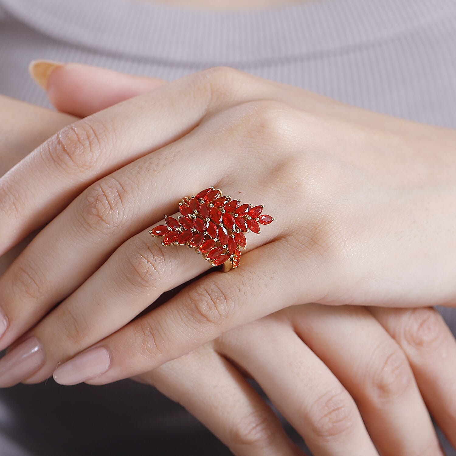 Mexican Cherry Fire Opal 2.65 ctw Bypass Fern Leaf Ring in 18K Vermeil Yellow Gold Over Sterling Silver (Size 10.0)