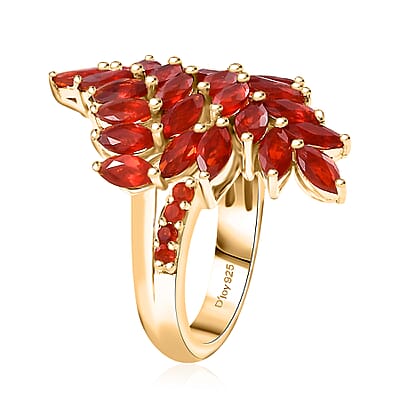 Mexican Cherry Fire Opal 2.65 ctw Bypass Fern Leaf Ring in 18K Vermeil Yellow Gold Over Sterling Silver (Size 10.0)