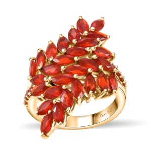 Mexican Cherry Fire Opal 2.65 ctw Bypass Fern Leaf Ring in 18K Vermeil Yellow Gold Over Sterling Silver (Size 7.0)