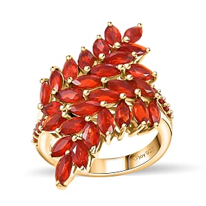 Mexican Cherry Fire Opal 2.65 ctw Bypass Fern Leaf Ring in 18K Vermeil Yellow Gold Over Sterling Silver (Size 9.0)