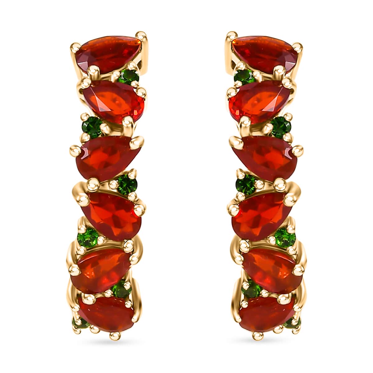 Mexican Cherry Fire Opal and Chrome Diopside 1.85 ctw Art Deco Earrings in 18K Vermeil Yellow Gold Over Sterling Silver image number 0