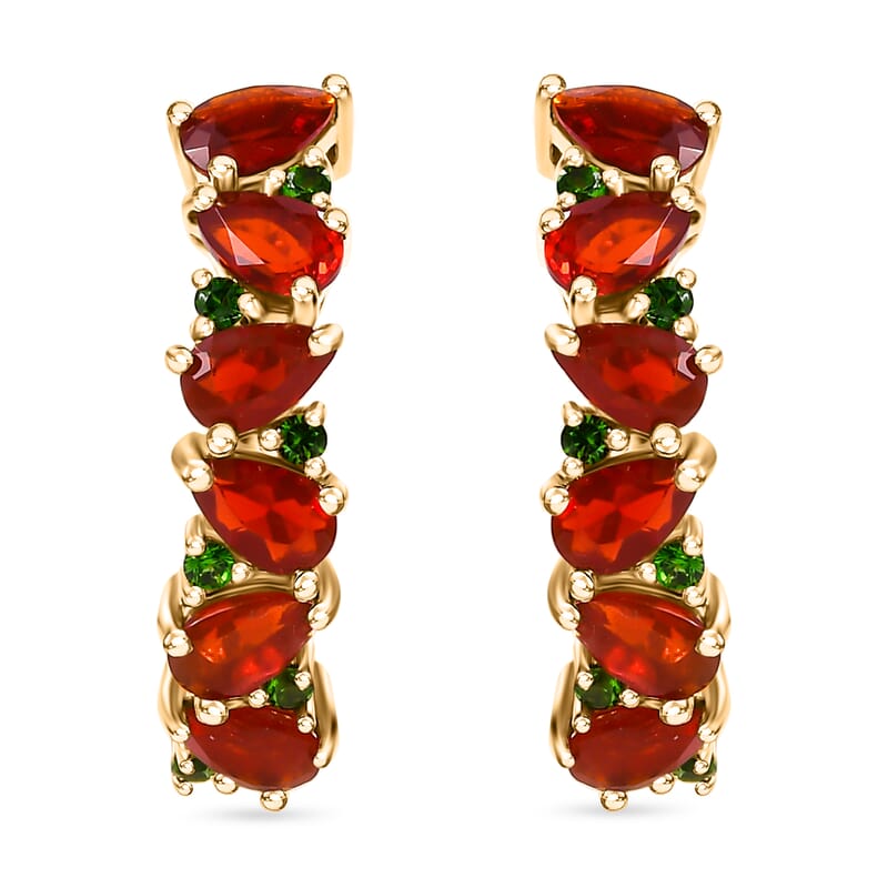 D'Joy Mexican Cherry Fire Opal and Chrome Diopside 1.85 ctw Art Deco Earrings in 18K Vermeil Yellow Gold Over Sterling Silver