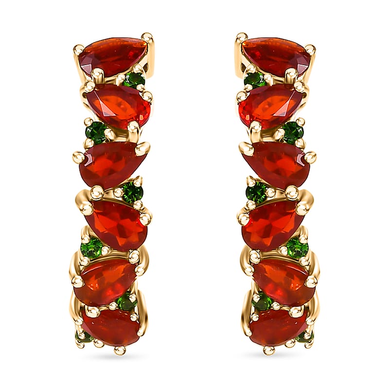 D'Joy Mexican Cherry Fire Opal and Chrome Diopside 1.85 ctw Art Deco Earrings in 18K Vermeil Yellow Gold Over Sterling Silver