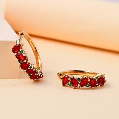 D'Joy Mexican Cherry Fire Opal and Chrome Diopside 1.85 ctw Art Deco Earrings in 18K Vermeil Yellow Gold Over Sterling Silver