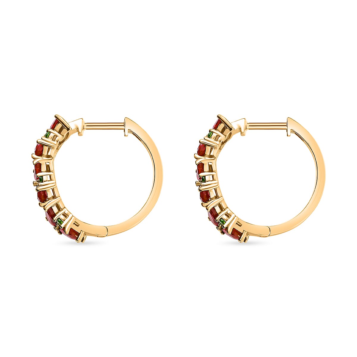 D'Joy Mexican Cherry Fire Opal and Chrome Diopside 1.85 ctw Art Deco Earrings in 18K Vermeil Yellow Gold Over Sterling Silver