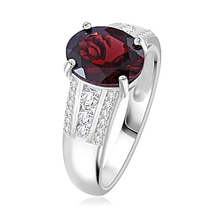 Mozambique Garnet and White Zircon 3.25 ctw Statement Ring in Rhodium Over Sterling Silver (Size 5.0)