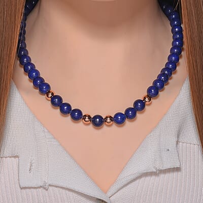 Lapis Lazuli Beaded Necklace 20 Inches in 14K RG Over Copper and Stainless Steel Lock 330.00 ctw