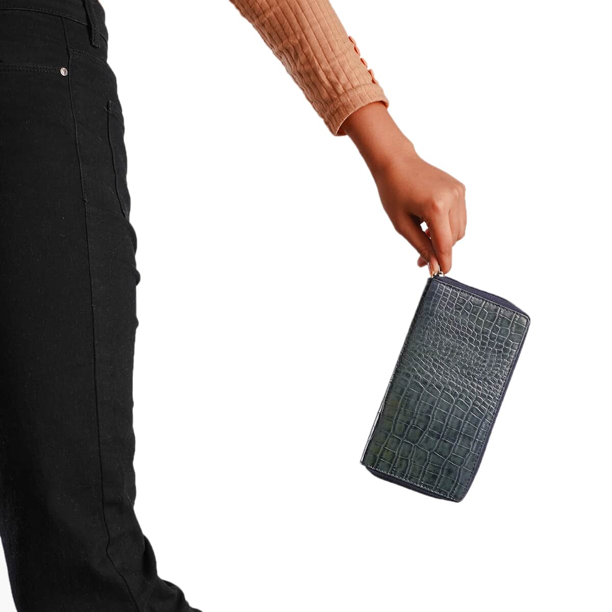 Union Code Dark Navy Crocodile Embossed Pattern RFID Protected Genuine Leather Wallet for Women | Leather Purse | Card Holder | Designer Wallet image number 1