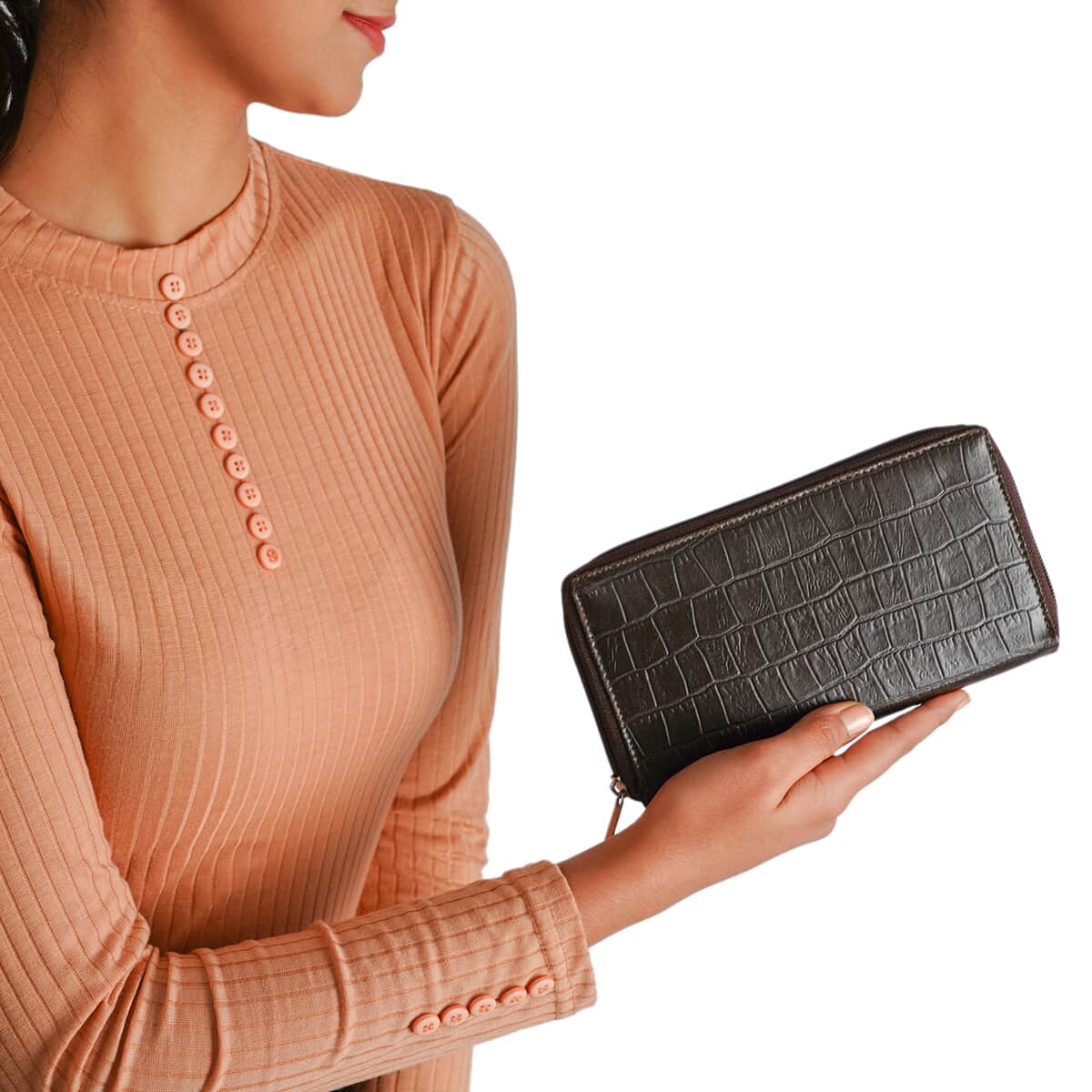 Union Code Dark Brown Crocodile Embossed Pattern RFID Protected Genuine Leather Wallet for Women | Leather Purse | Card Holder | Designer Wallet image number 1