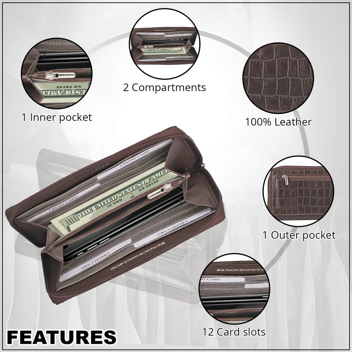 Union Code Dark Brown Crocodile Embossed Pattern RFID Protected Genuine Leather Wallet for Women | Leather Purse | Card Holder | Designer Wallet image number 3
