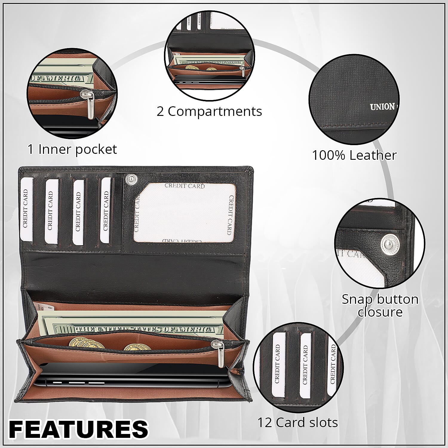 Union Code Black Genuine Leather RFID Women's Wallet